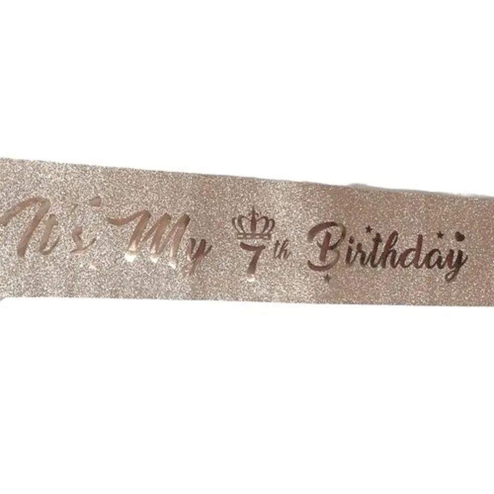 Girls 7th Birthday Rose Gold Glitter Sash and Rhinestone Sparkle Tiara Crown Set
